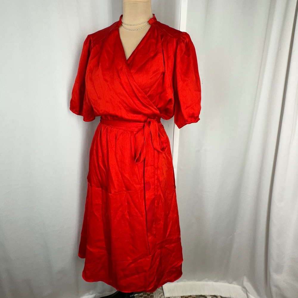 Draper James NWT Red Satin Wrap Midi Dress XL Puff Sleeve Ruffle Neck